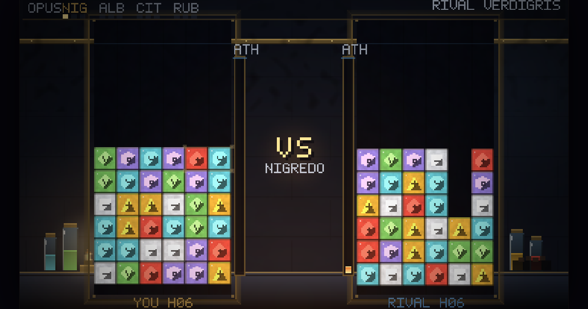Alkahest gameplay: two populated panel wells facing off across a VS banner — the player’s bench against the rival Verdigris