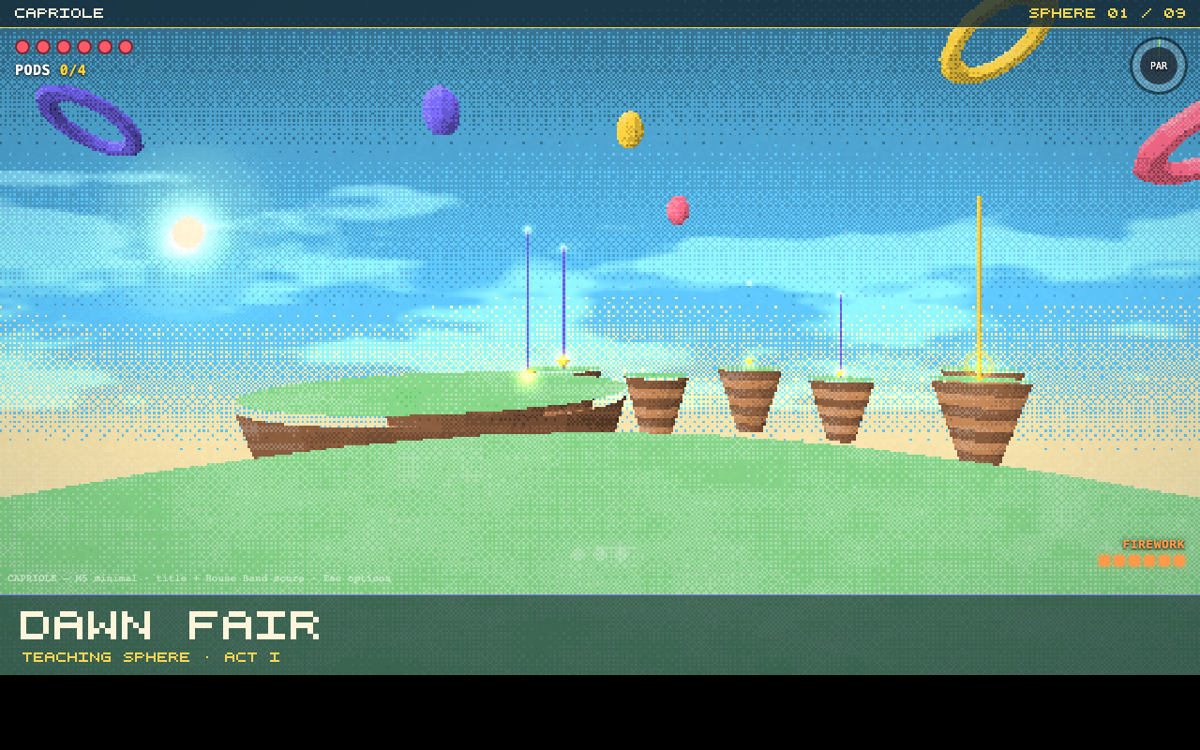 Capriole gameplay: the Dawn Fair teaching sphere — floating grass islands and striped clay pots against a dithered blue sky, collectible rings overhead