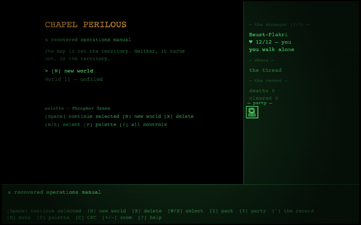 Chapel Perilous title screen: phosphor-green terminal text reading "a recovered operations manual" beside a party panel