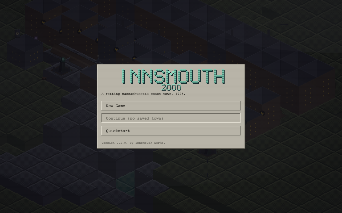 Innsmouth 2000 title screen: a beveled verdigris wordmark over a dimmed generated town with lit windows, in front of a system-dialog start menu