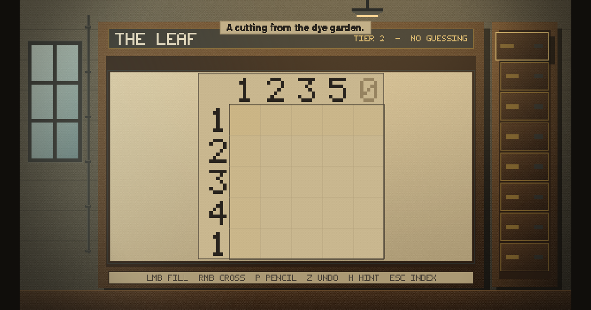 The Jacquard Index gameplay: an open nonogram pattern card — THE LEAF — with run-length clues and the fill controls
