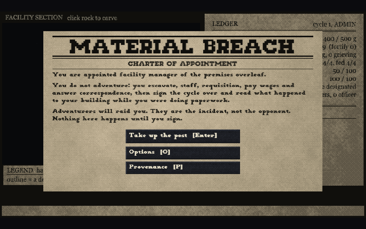 Material Breach opening: the CHARTER OF APPOINTMENT masthead printed on a desk document, MATERIAL BREACH as the letterhead