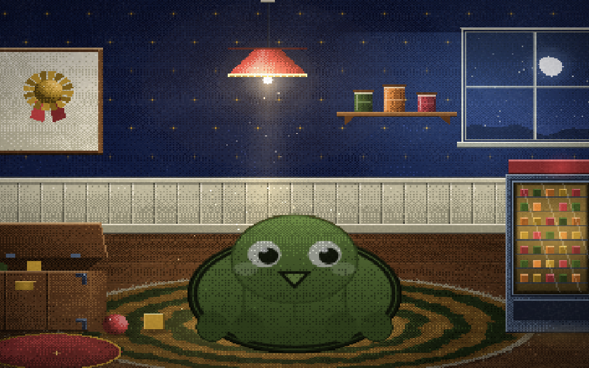 Oddseedz specimen plate: a green Buddy under a hanging lamp in a lit night toy room, moon at the window, seed vending machine on the right