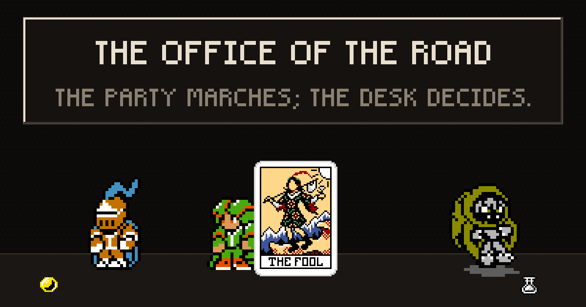 The Office of the Road share card: four pixel battlers and tarot cards over the dark ledger ground