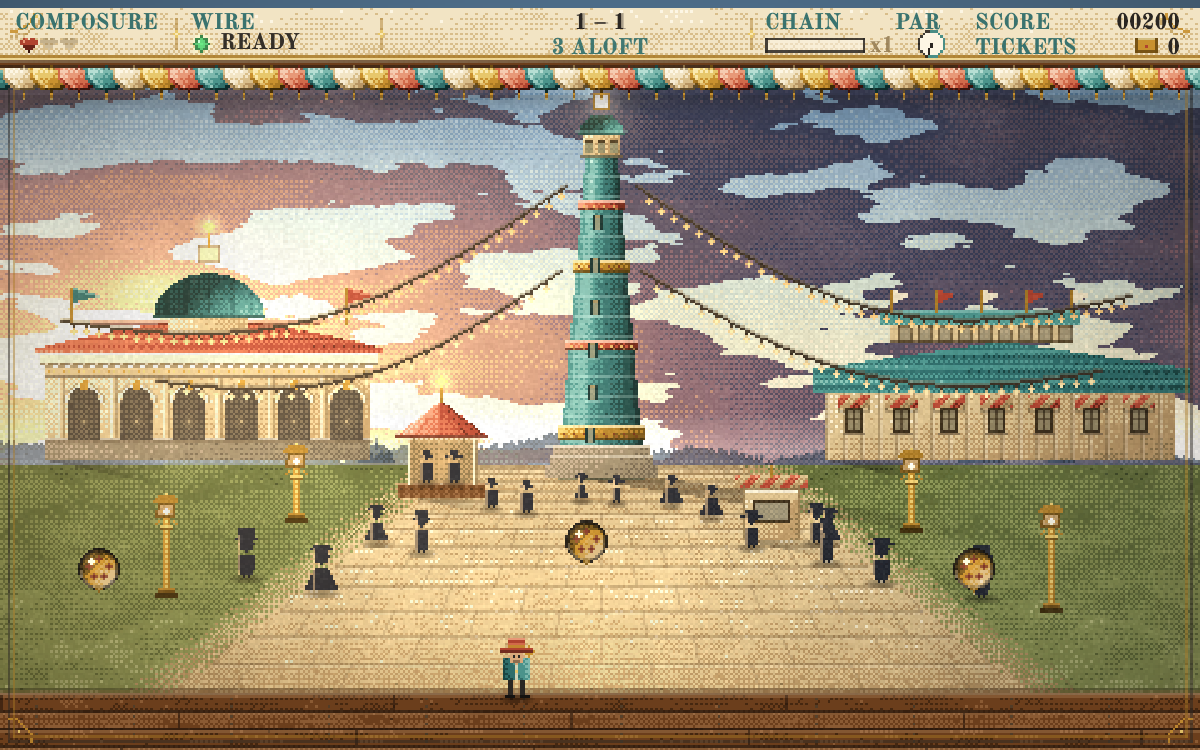 Popinjay gameplay: a World's Fair sharpshooter stage with balloons in flight against a hand-tinted poster ground