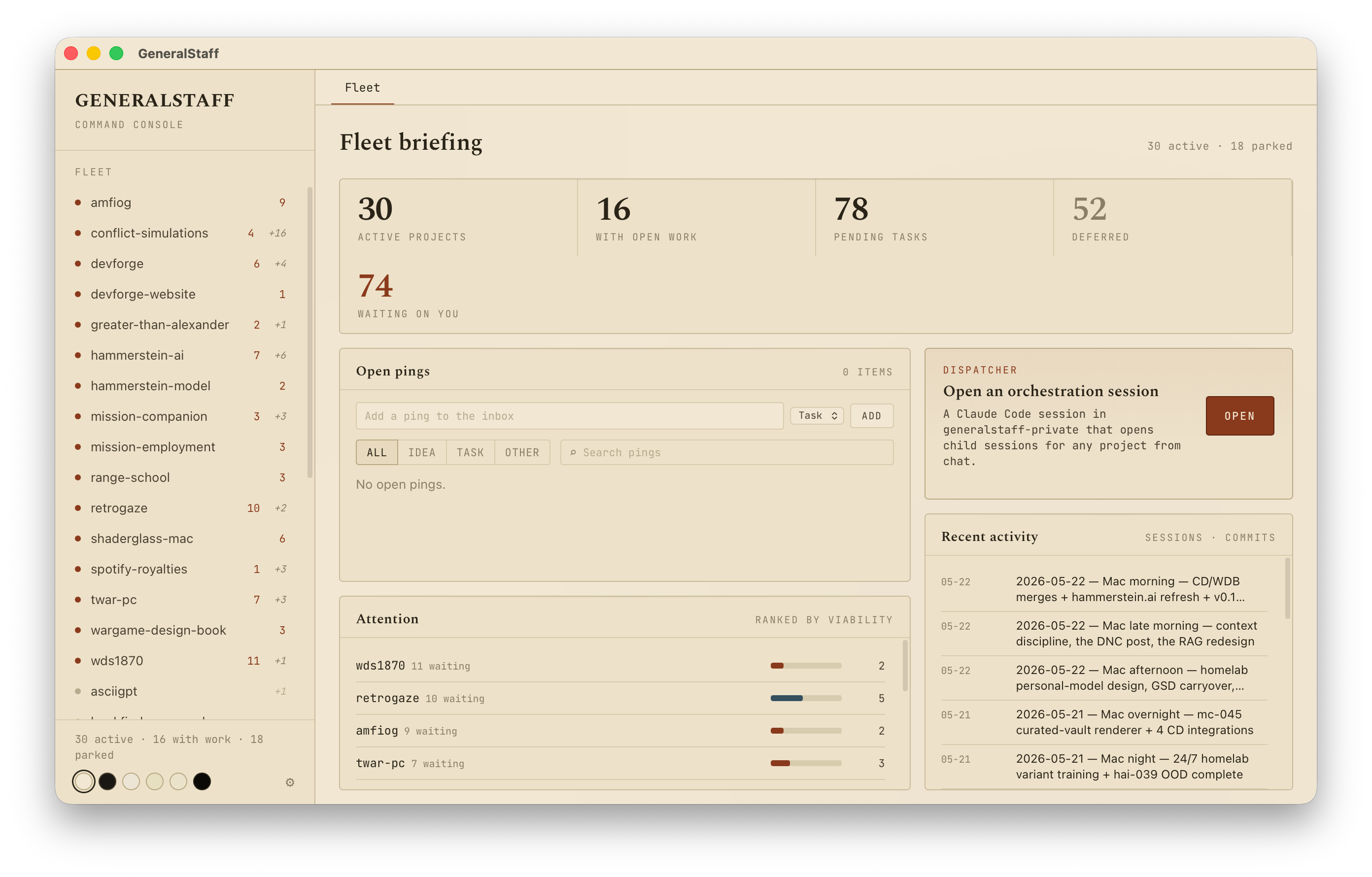 GSD fleet dashboard — kriegspiel paper theme, multiple projects listed with status indicators