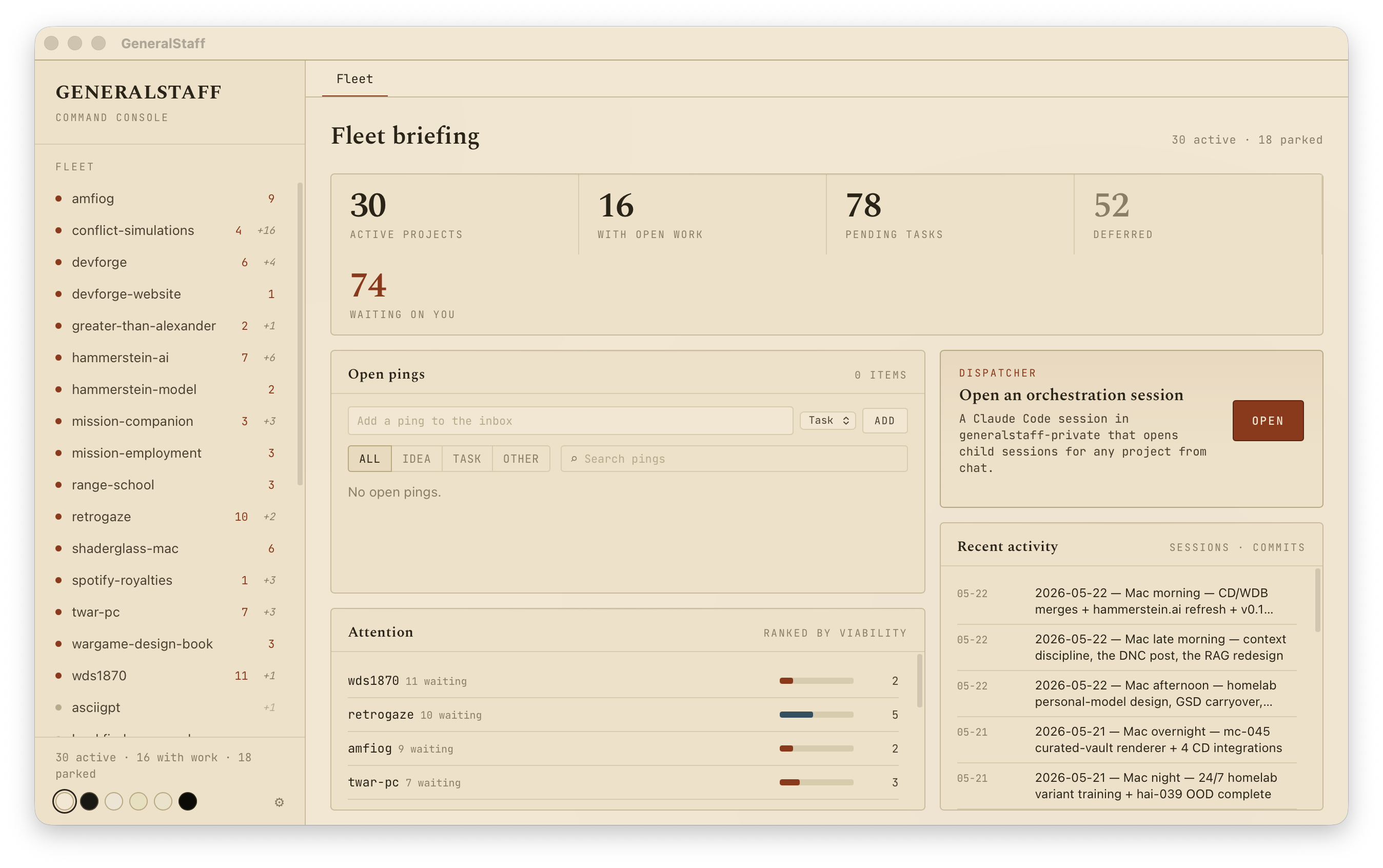 GeneralStaff desktop — fleet dashboard showing all projects, warm linen theme
