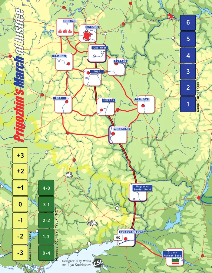 Prigozhin's March of Justice game map. Route from Rostov-on-Don to Moscow with cities, momentum track, and combat results table. Designer Ray Weiss, art by Ilya Kudriashov.