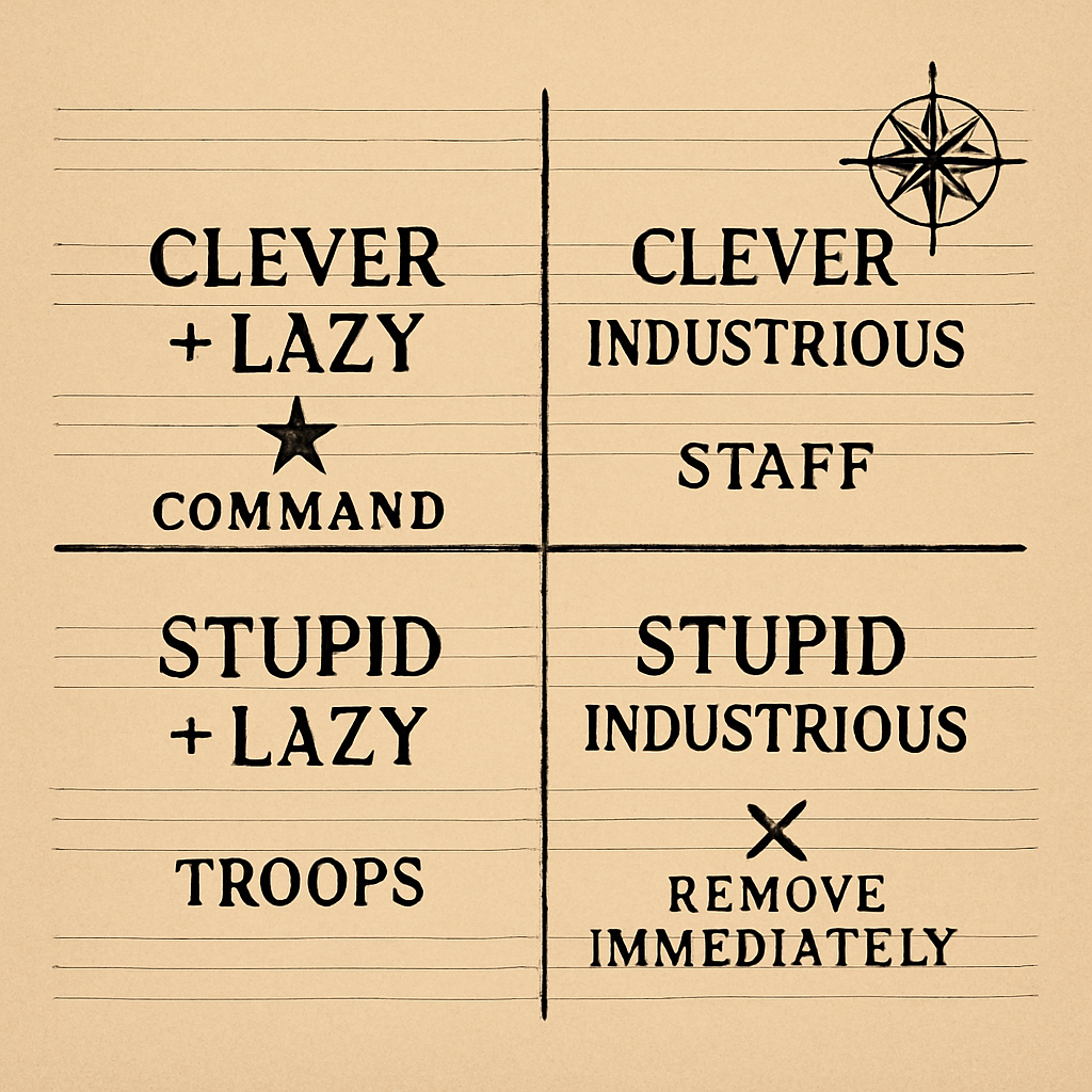 Four-quadrant typology diagram on tan parchment. Clever-lazy labeled COMMAND, clever-industrious STAFF, stupid-lazy TROOPS, stupid-industrious REMOVE IMMEDIATELY.
