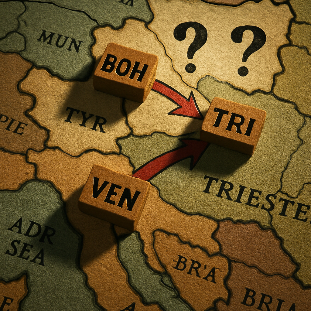 Vintage board-game view of Central Europe. Italian wooden blocks in BOH and VEN with red arrows pointing at Austrian centers in Trieste. Question marks over the Austrian positions.