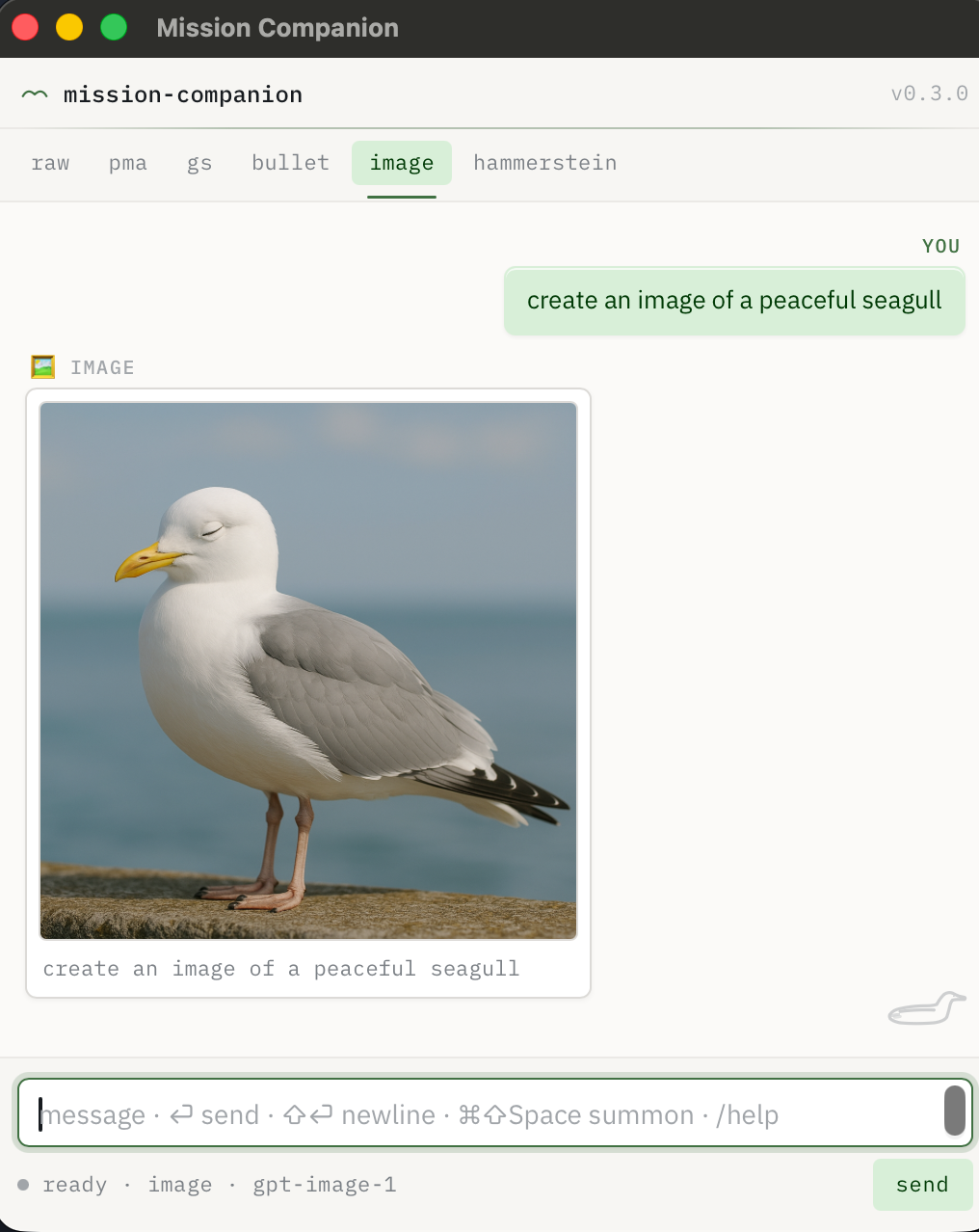 mission-companion's image mode, showing a generated picture of a calm seagull standing by the water.