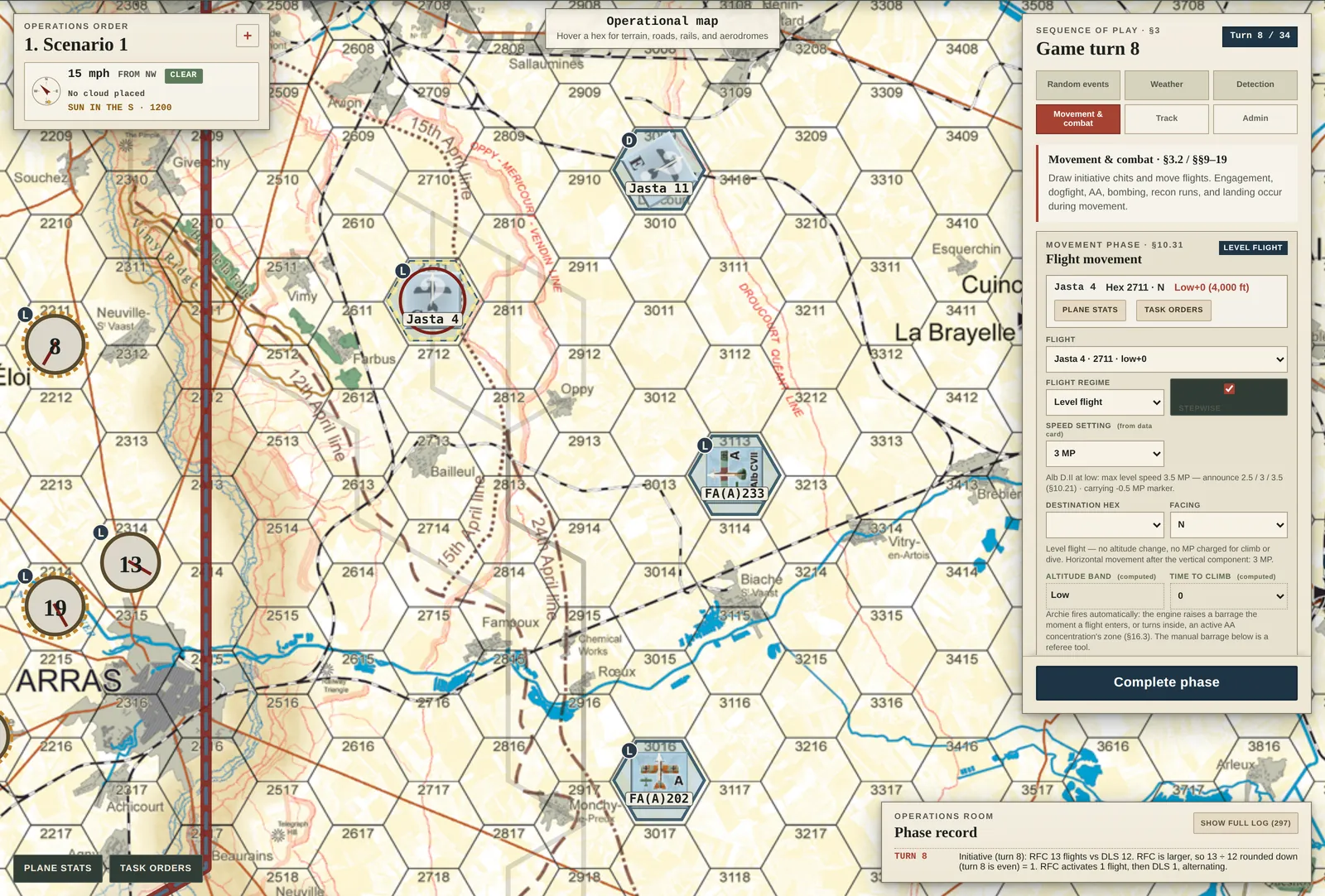 Bloody April digital module. Operational map of the Arras front with German flights and British contacts, a flight-movement panel showing altitude, and the sequence of play.