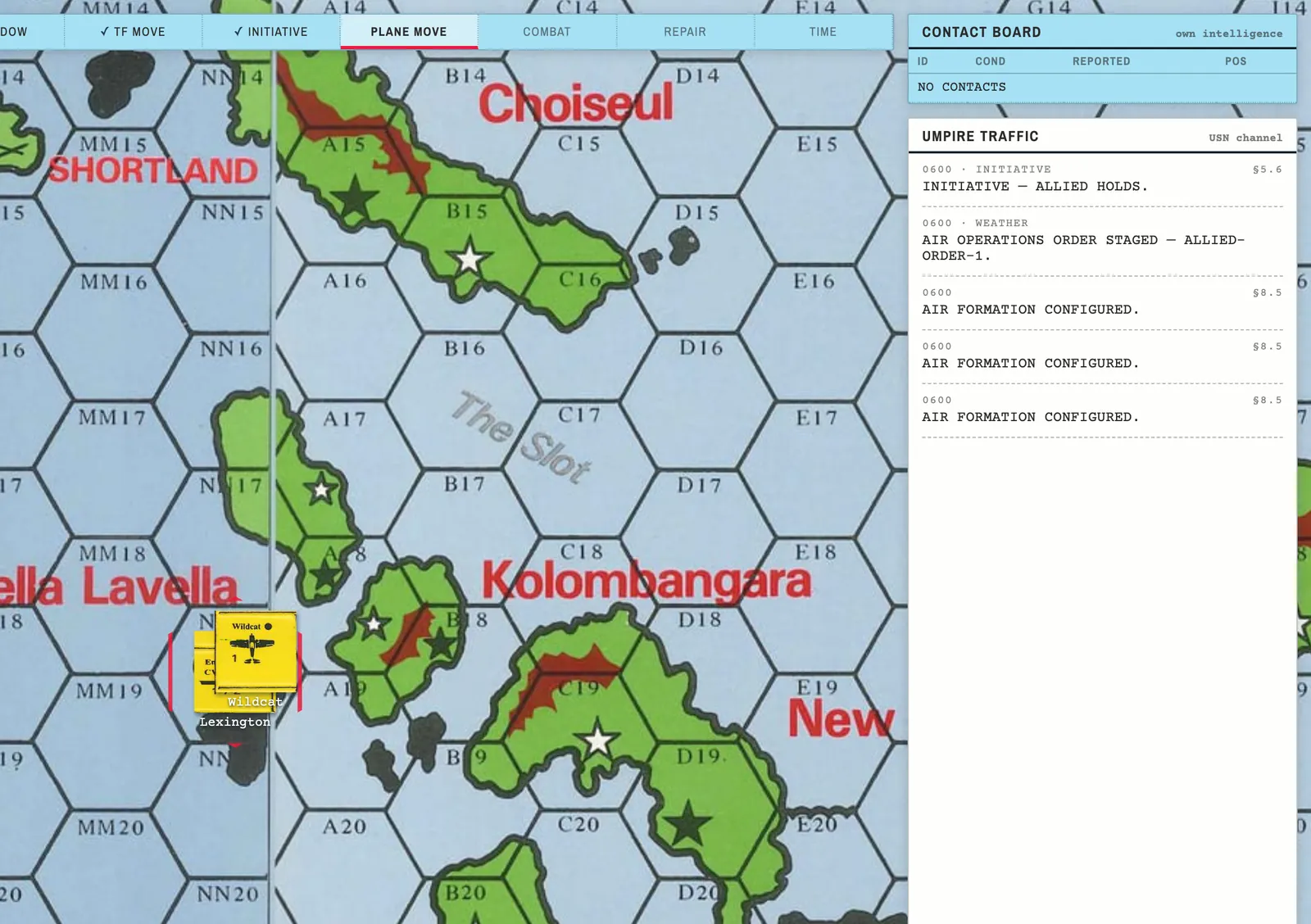 Flattop digital module. Search-board hexes over the Solomons with an umpire traffic panel reporting air operations by teletype.