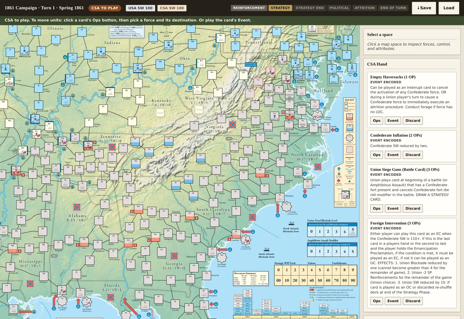 For the People digital module. Point-to-point Civil War map with armies and forts, and the Confederate hand of four strategy cards beside it.