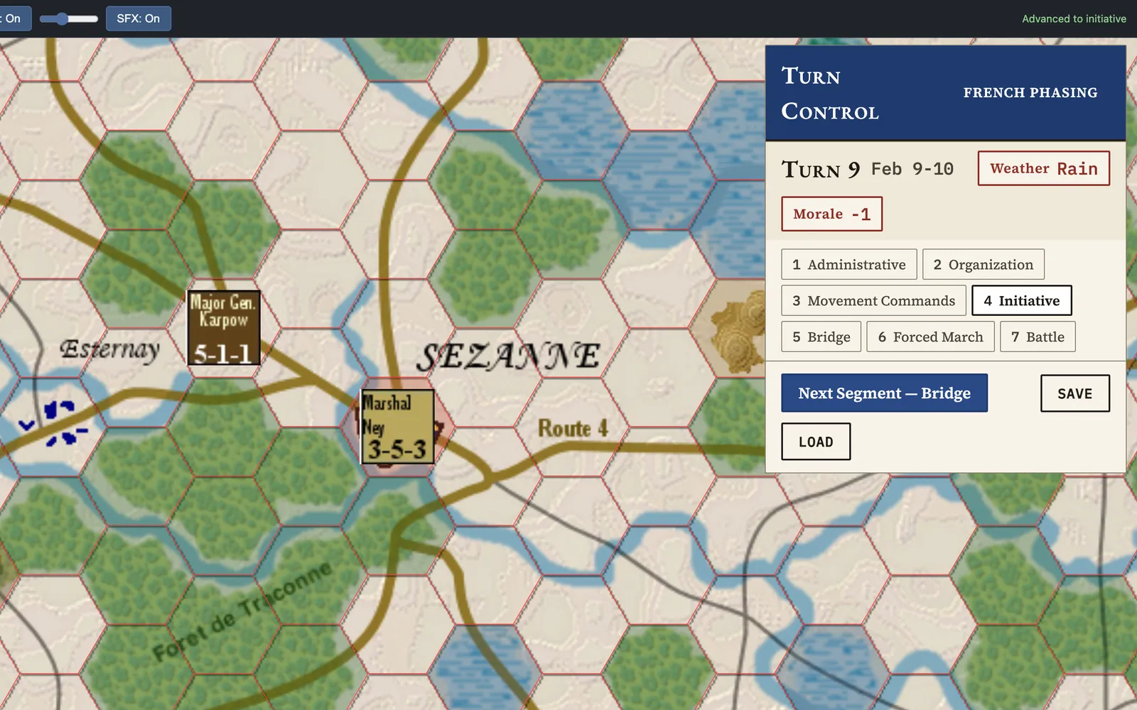 Napoleon at Bay digital module. Hex map of the Champagne countryside with marshal counters, and a turn control panel showing weather, morale, and the segment sequence.