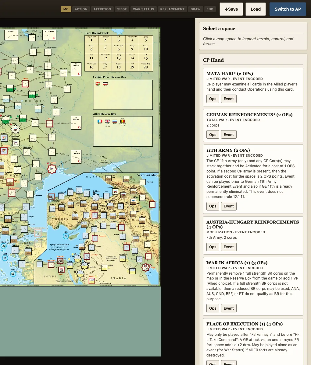Paths of Glory digital module. The Central Powers card hand beside the eastern map edge, each card offering operations or event play.
