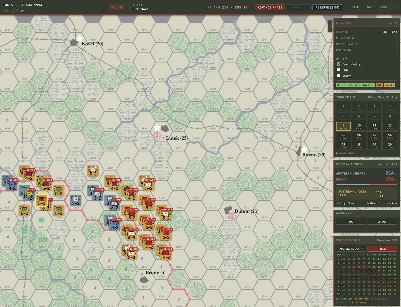 The World Undone Deluxe Digital, Galicia campaign, turn 9. Hex map with Russian and Austro-Hungarian counters, the turn track, victory points, and the combat results table.