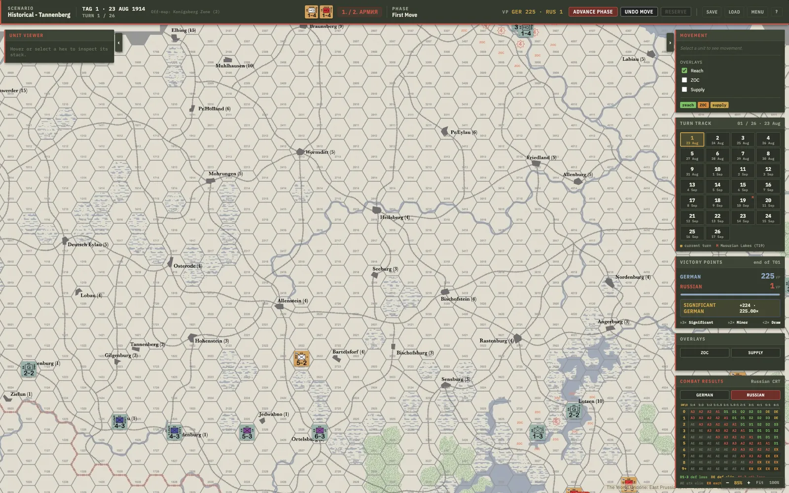1914: East Prussia: The World Undone in play. Full hex map of East Prussia with German and Russian counters, turn track, victory point track, and combat results table.